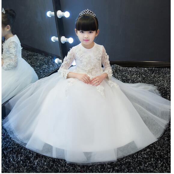 Girls Pageant Long Formal Dresses 2017 Long Sleeve Gauze Ball Gowns Flowers Girls Princess Tutu Dress Kids Party Wedding Dress