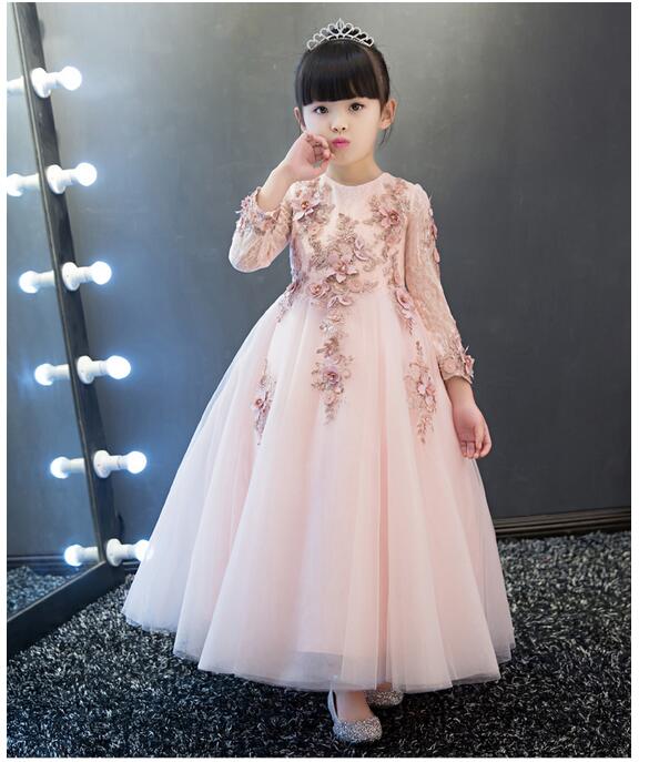 Girls Pageant Long Formal Dresses 2017 Long Sleeve Gauze Ball Gowns Flowers Girls Princess Tutu Dress Kids Party Wedding Dress