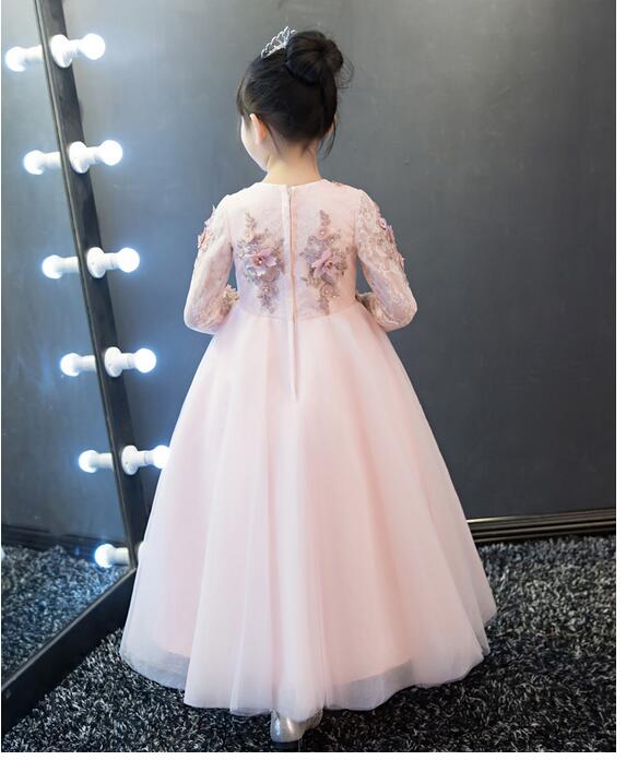 Girls Pageant Long Formal Dresses 2017 Long Sleeve Gauze Ball Gowns Flowers Girls Princess Tutu Dress Kids Party Wedding Dress