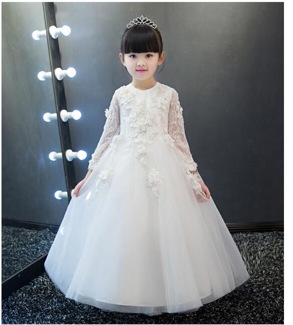 Girls Pageant Long Formal Dresses 2017 Long Sleeve Gauze Ball Gowns Flowers Girls Princess Tutu Dress Kids Party Wedding Dress