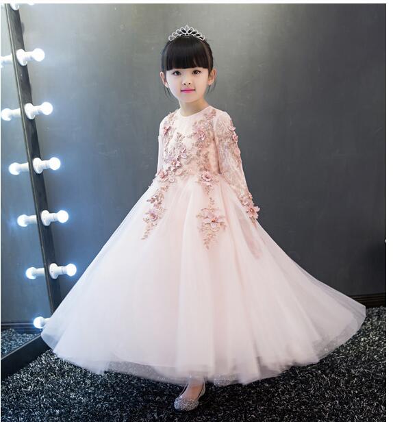 Girls Pageant Long Formal Dresses 2017 Long Sleeve Gauze Ball Gowns Flowers Girls Princess Tutu Dress Kids Party Wedding Dress