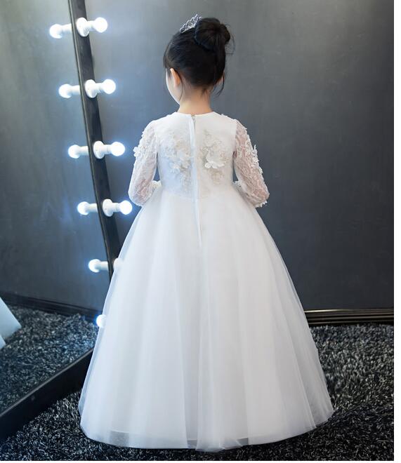 Girls Pageant Long Formal Dresses 2017 Long Sleeve Gauze Ball Gowns Flowers Girls Princess Tutu Dress Kids Party Wedding Dress
