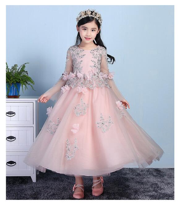 Girls Pageant Long Formal Dresses 2017 Long Sleeve Gauze Ball Gowns Flowers Girls Princess Tutu Dress Kids Party Wedding Dresses