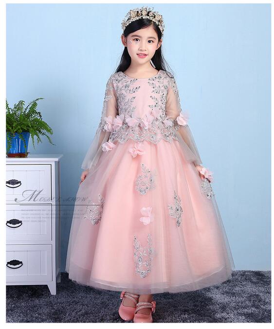 Girls Pageant Long Formal Dresses 2017 Long Sleeve Gauze Ball Gowns Flowers Girls Princess Tutu Dress Kids Party Wedding Dresses