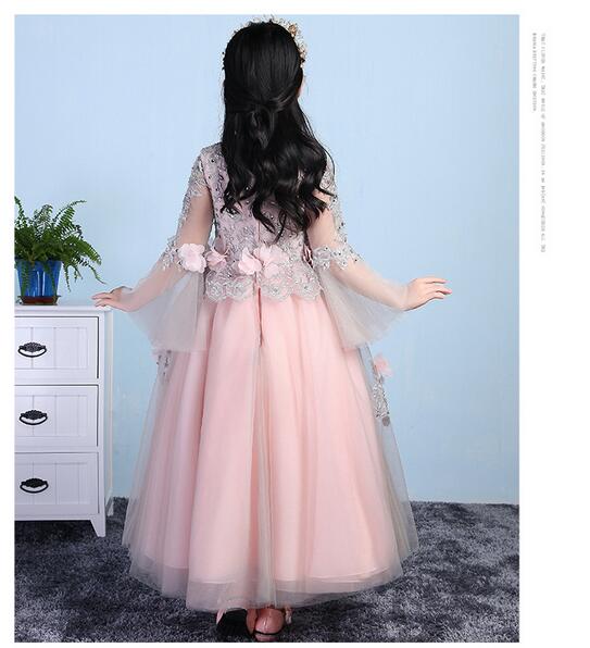 Girls Pageant Long Formal Dresses 2017 Long Sleeve Gauze Ball Gowns Flowers Girls Princess Tutu Dress Kids Party Wedding Dresses