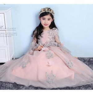 Girls Pageant Long Formal Dresses 2017 Long Sleeve Gauze Ball Gowns Flowers Girls Princess Tutu Dress Kids Party Wedding Dresses