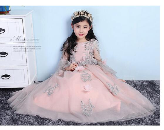 Girls Pageant Long Formal Dresses 2017 Long Sleeve Gauze Ball Gowns Flowers Girls Princess Tutu Dress Kids Party Wedding Dresses