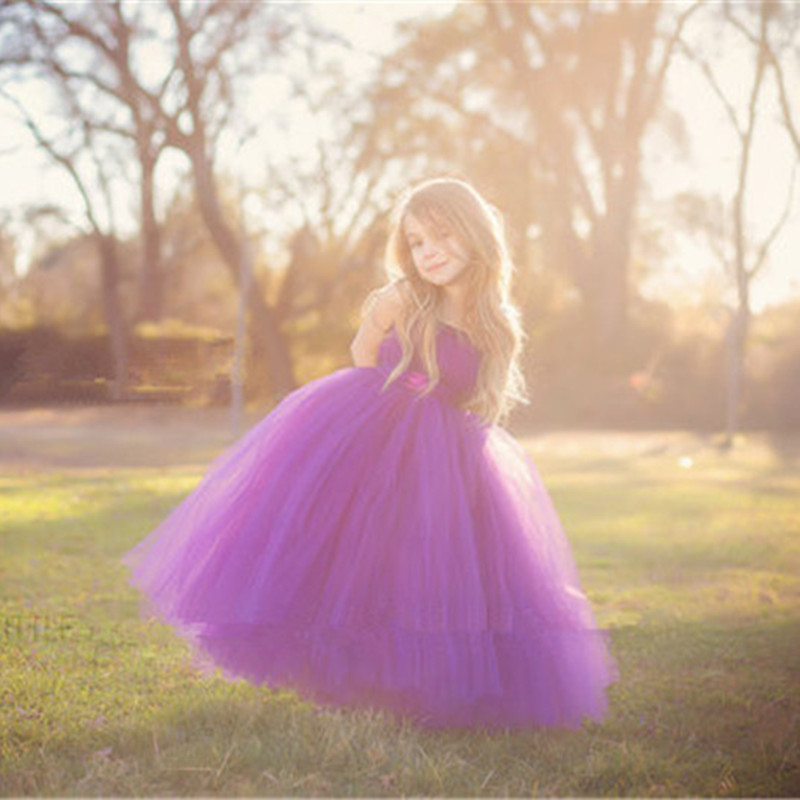 Purple,Gray Flower Girl Dresses Cute Kids Party Pageant Wedding Bridesmaid Bridal Tulle Tutu Dresses Princess Ball Gown 2-14 Y